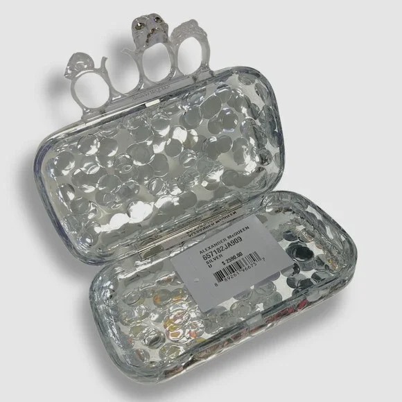 $2592 Alexander McQueen Womens Silver Skull Four-Ring Sequin Box Clutch Hand Bag - Picture 2 of 4